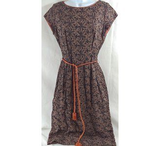Vintage Brown and Black Floral Eyelet Dress Short Sleeve Lined with Satin Belt